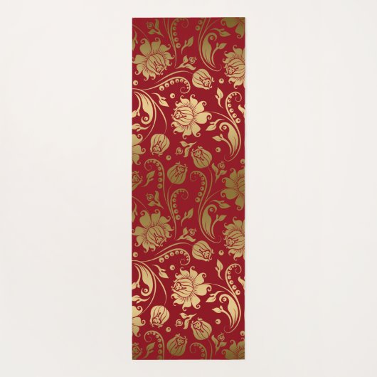 Goud en Donkerrood Bloemen Damast Patroon Yogamat (Achterkant)
