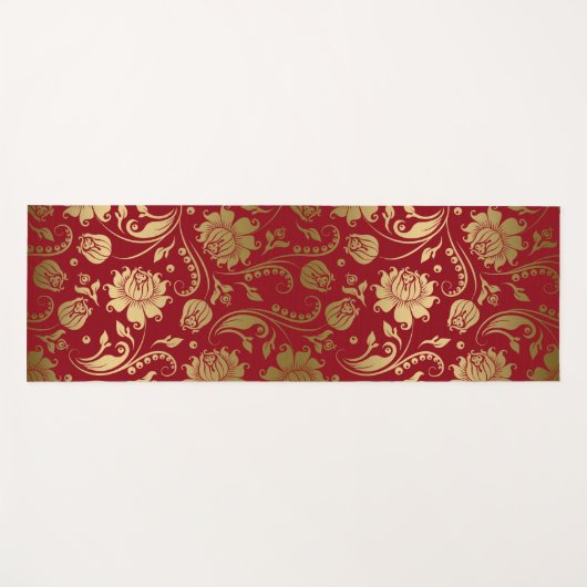 Goud en Donkerrood Bloemen Damast Patroon Yogamat (Voorkant (horizontaal))