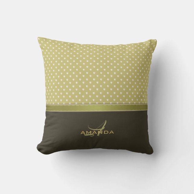Goud en Ecru Olive Green Elegant Monogram Kussen (Voorkant)