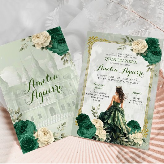 Goud en Emerald Groen Kasteel Prinses Quinceañera Kaart