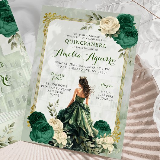Goud en Emerald Groen Kasteel Prinses Quinceañera Kaart