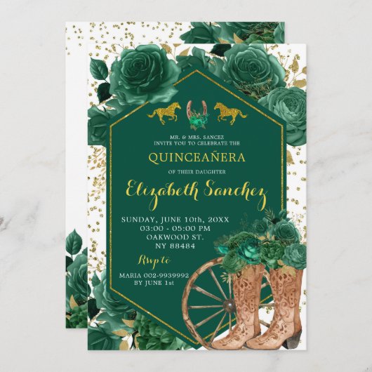 Goud en Emerald Groen Western Charra Quinceañera Kaart (Voorkant / Achterkant)