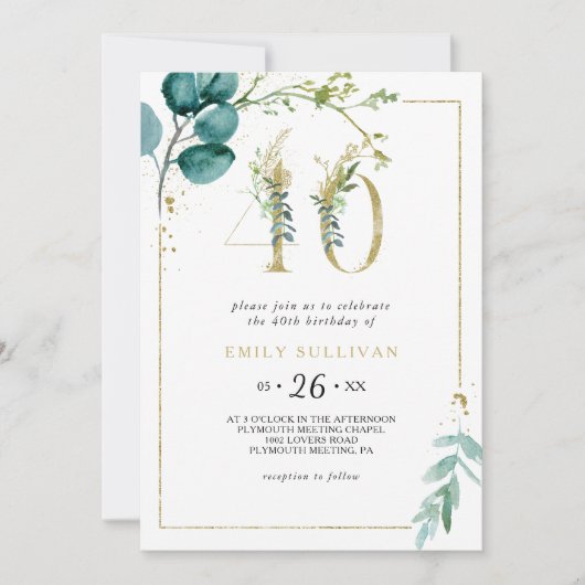 Goud en Eucalyptus 40e verjaardagsfeestje Kaart (Voorkant)