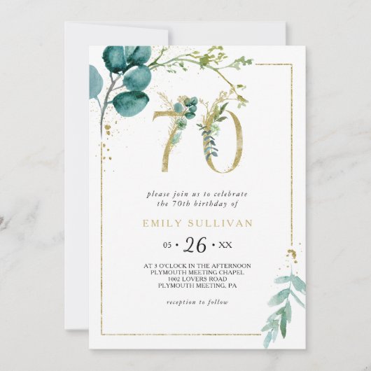 Goud en Eucalyptus 70ste verjaardagsfeestje Kaart (Voorkant)