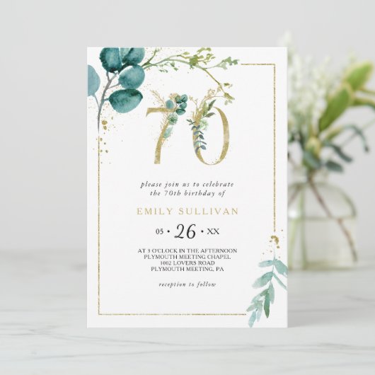 Goud en Eucalyptus 70ste verjaardagsfeestje Kaart (Staand voorkant)