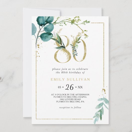 Goud en Eucalyptus 80ste verjaardagsfeestje Kaart (Voorkant)