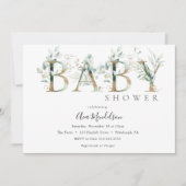 Goud en Eucalyptus Baby shower uitnodiging (Voorkant)