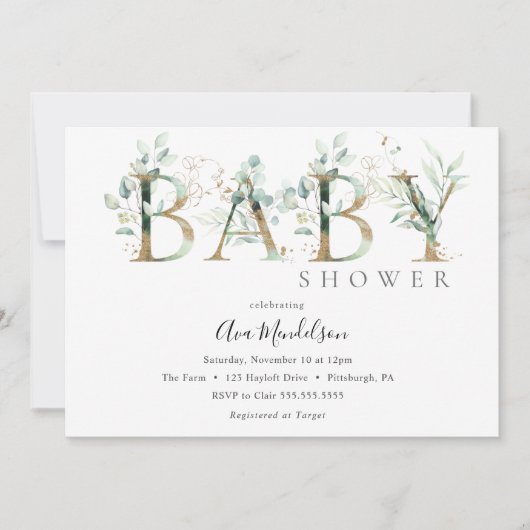 Goud en Eucalyptus Baby shower uitnodiging (Voorkant)