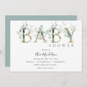 Goud en Eucalyptus Baby shower uitnodiging (Voorkant / Achterkant)