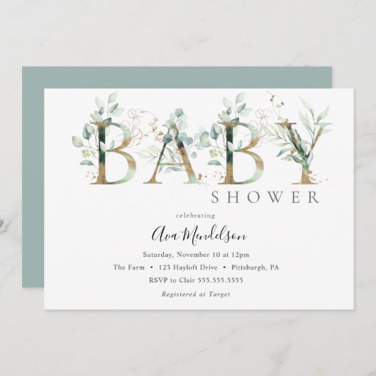 Goud en Eucalyptus Baby shower uitnodiging (Voorkant / Achterkant)