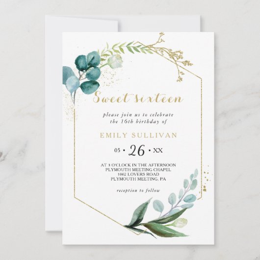 Goud en Eucalyptus Sweet Zestien Verjaardagsfeest Kaart (Voorkant)