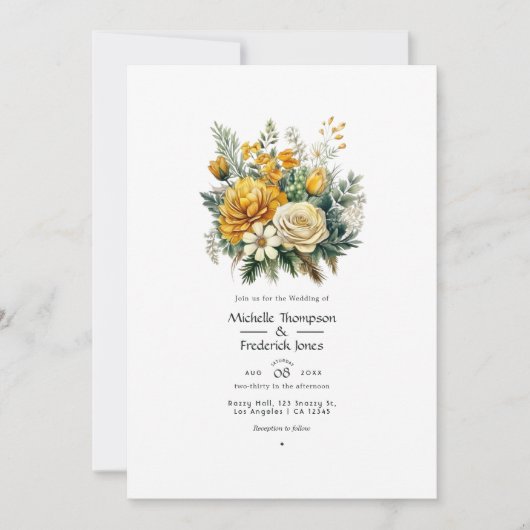 Goud en Evergreen Bloemen Herfst Bruiloft Kaart (Voorkant)