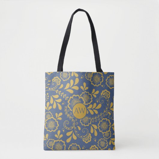 Goud en Frans Blauw Victoriaans Kant Monogram Tote Bag (Voorkant)