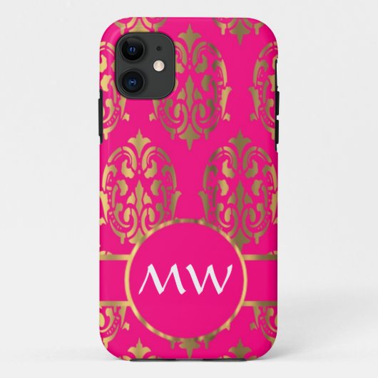 Goud en fuchsia roze damast patroon Case-Mate iPhone case (Achterkant)