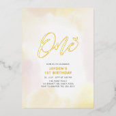 Goud en geel hart Eerste verjaardag Folie Uitnodiging (Voorkant)