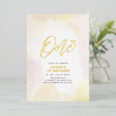 Goud en geel hart Eerste verjaardag Folie Uitnodiging (Staand Voorkant)