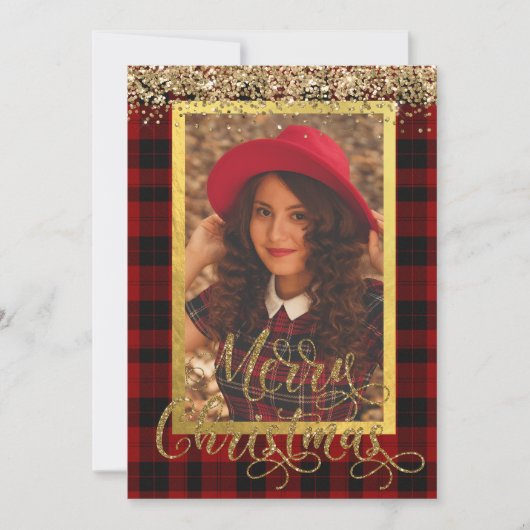 Goud en geruite Kerstmis Fotokaart (Voorkant)