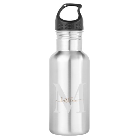Goud en grijs monogram en naam wasscript waterfles  (Voorkant)