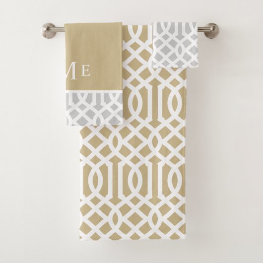 Goud en grijs Trellis Monogram | bewerkbare kleure Bad Handdoek (Insitu)
