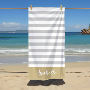 Goud en grijze strepen monogram   Aanpasbare kleur Strandlaken