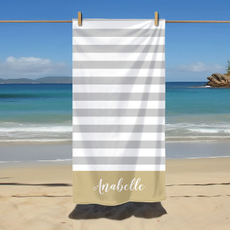 Goud en grijze strepen monogram | Aanpasbare kleur Strandlaken