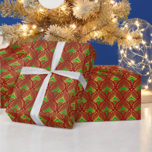Goud en groen Art Deco patroon op rood Cadeaupapier