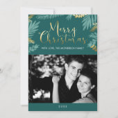 Goud en Groen Bladeren Vrolijke Kerstfoto Feestdagenkaart (Voorkant)