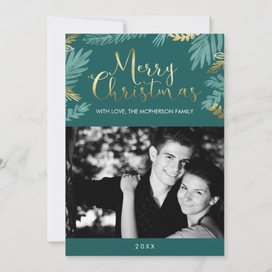 Goud en Groen Bladeren Vrolijke Kerstfoto Feestdagenkaart (Voorkant)