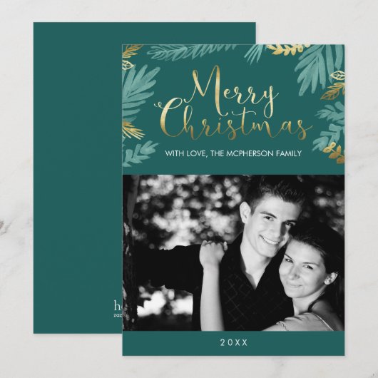 Goud en Groen Bladeren Vrolijke Kerstfoto Feestdagenkaart (Voorkant / Achterkant)