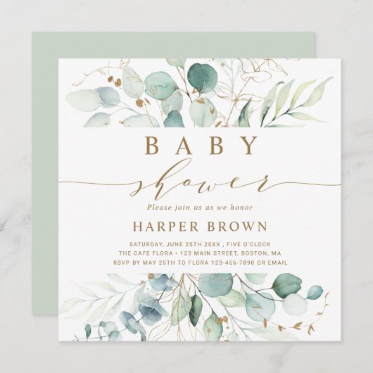 Goud en groen botanisch Baby shower vierkant Kaart (Voorkant / Achterkant)