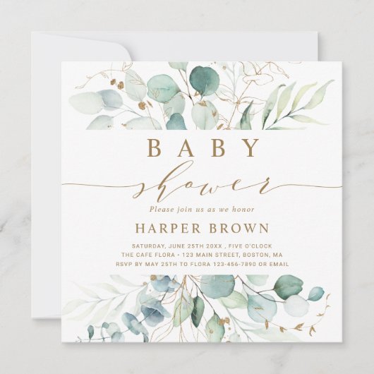 Goud en groen botanisch Baby shower vierkant Kaart (Voorkant)