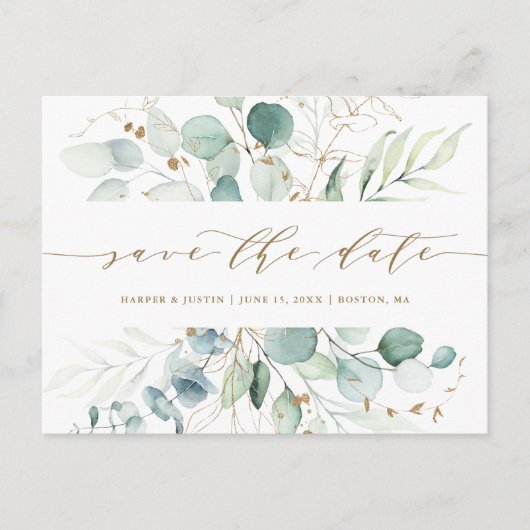 Goud en groen botanisch huwelijk sparen de Datum Aankondigingskaart (Voorkant)