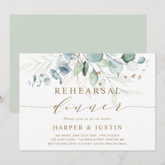 Goud en groen botanisch repetitief diner kaart (Voorkant / Achterkant)