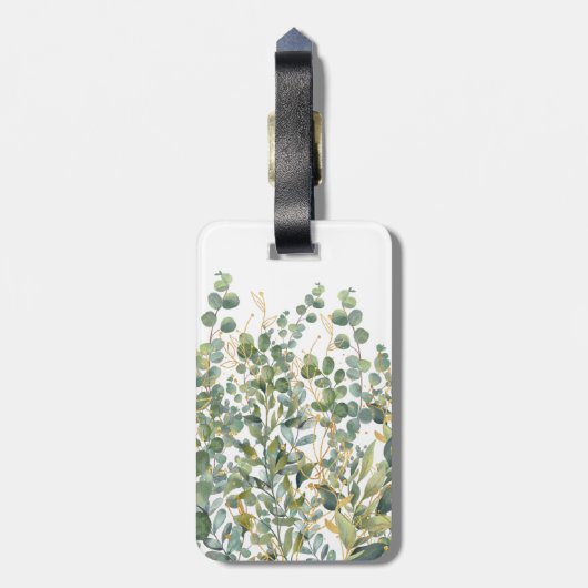 Goud en groen botanische eucalyptusbladeren bagagelabel (Achterkant verticaal)
