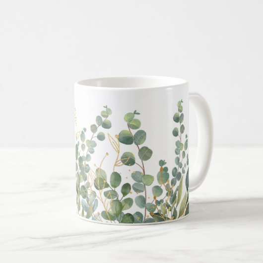 Goud en groen botanische eucalyptusbladeren koffiemok (Voorkant rechts)