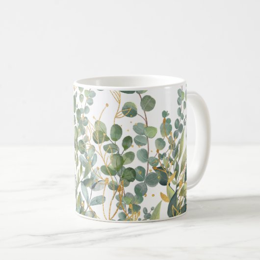 Goud en groen botanische eucalyptusbladeren koffiemok (Voorkant rechts)