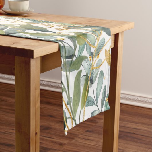 Goud en groen botanische eucalyptusbladeren korte tafelloper (Voorbeeld)