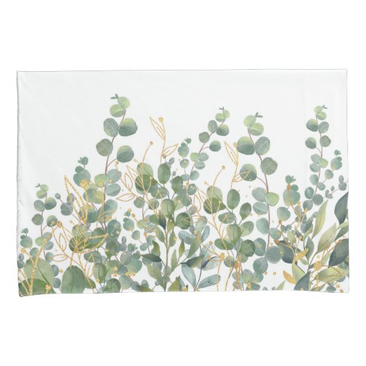 Goud en groen botanische eucalyptusbladeren kussensloop (Voorkant-Rechts)