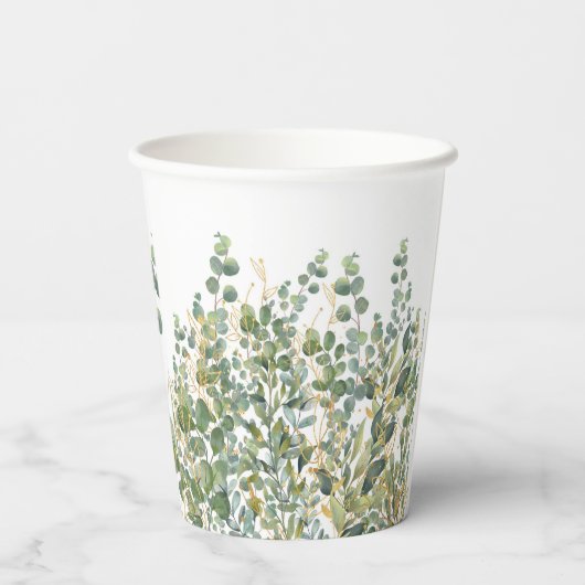 Goud en groen botanische eucalyptusbladeren papieren bekers (Achterkant)