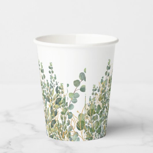 Goud en groen botanische eucalyptusbladeren papieren bekers (Links)