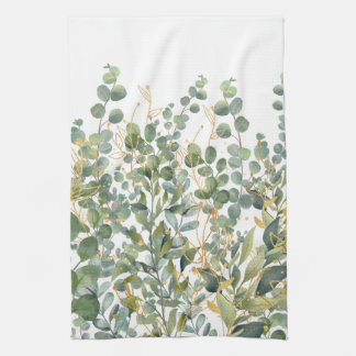 Goud en groen botanische eucalyptusbladeren theedoek