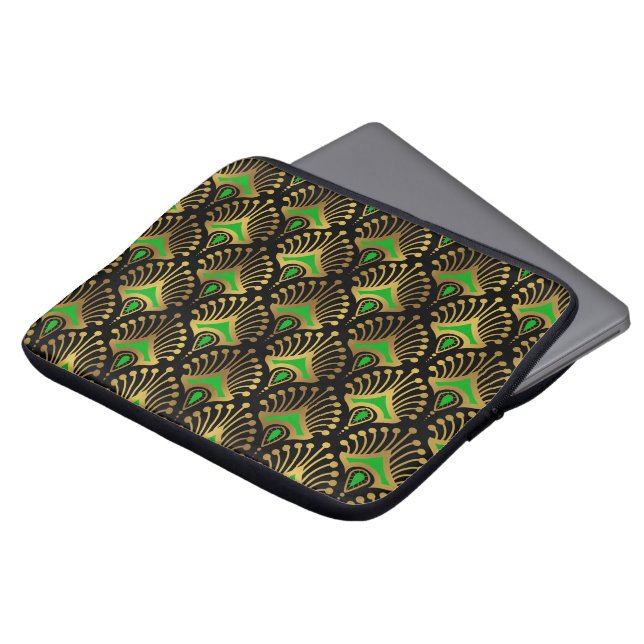 Goud en groen Deco-patroon Laptop Sleeve (Voorkant top)