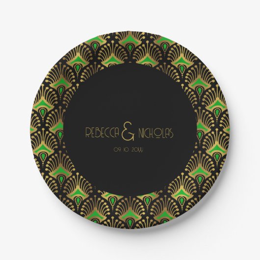 Goud en groen Deco-patroon Papieren Bordje (Voorkant)
