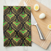 Goud en groen Deco-patroon van de Kunst op zwarte  Theedoek (Quarter Fold)