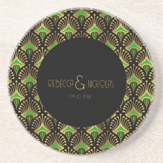 Goud en groen Deco-patroon Zandsteen Onderzetter (Voorkant)