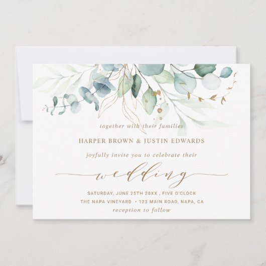 Goud en groen Elegant Botanical Wedding Kaart (Voorkant)
