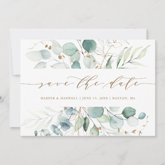 Goud en groen Elegant Botanical Wedding Save The Date (Voorkant)