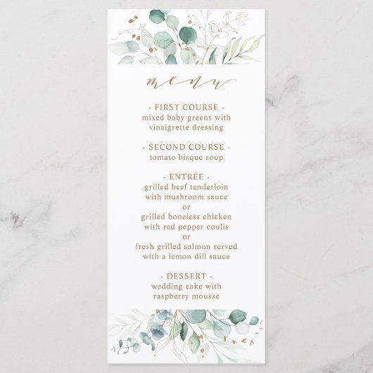 Goud en Groen Elegant Botanisch Bruiloft Menu (Voorkant)