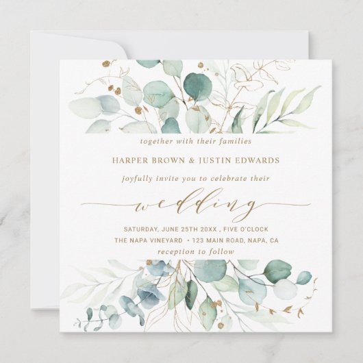 Goud en Groen Elegant Botanisch Huwelijksplein Kaart (Voorkant)