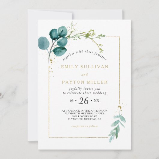  Goud en Groen Eucalyptus Bruiloft Kaart (Voorkant)